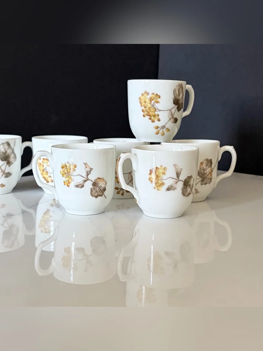 SET of 7 Espresso Demitasse Cup & Saucers - Yellow Floral - Haviland Limoges